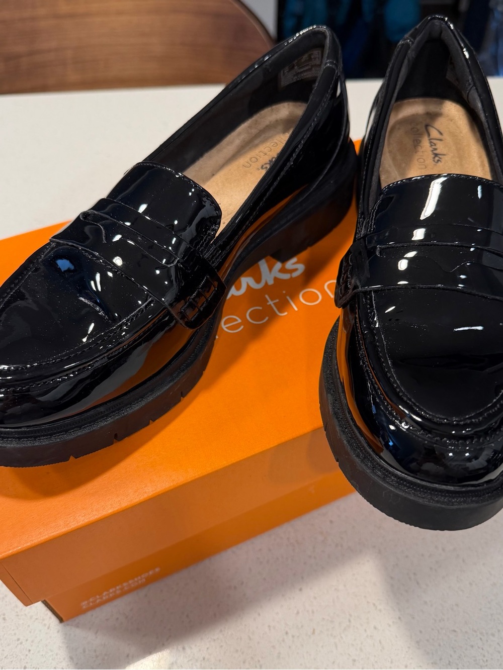 Clarks Black Patent Leather Lug Sole Penny Loafers